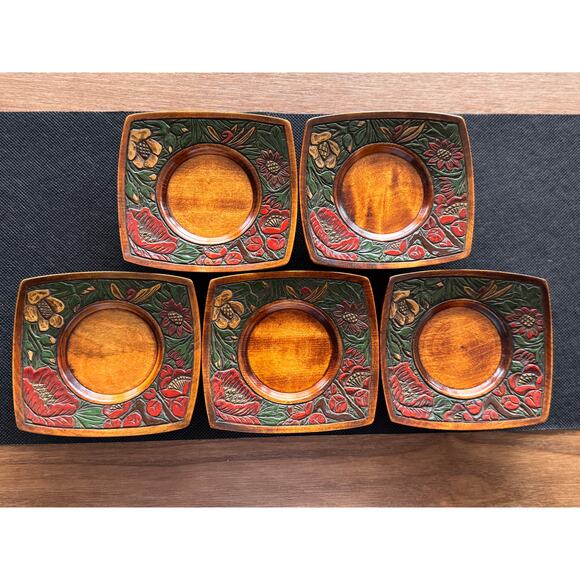 [Like New] Japanese Hand-Carved Wooden Saucers, Floral Motifs, Signed, Set of 5 - Picture 2 of 13